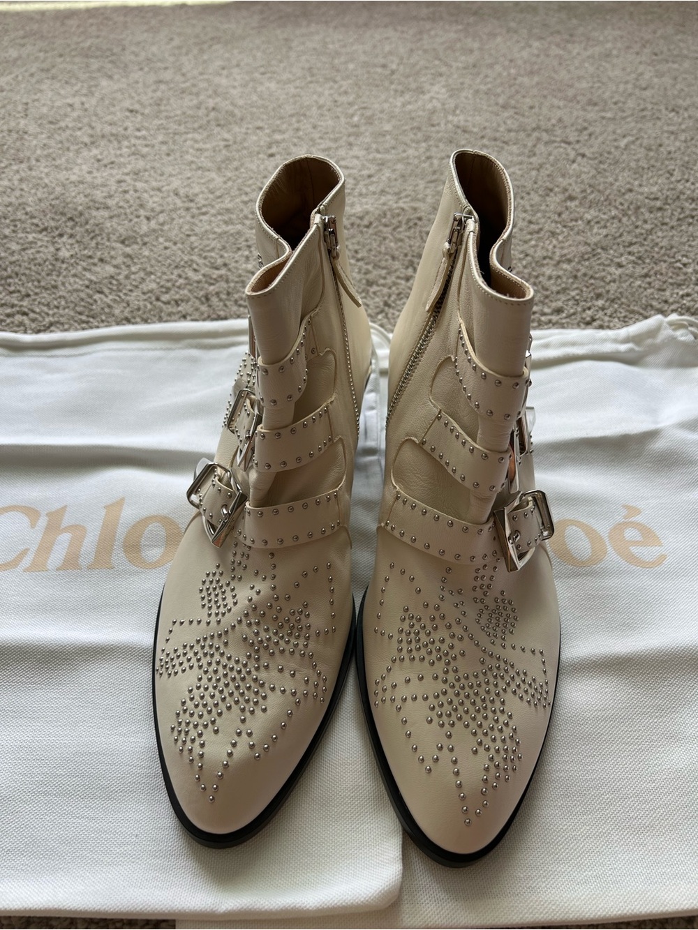 Chloe Cream Studded Leather Ankle Boots with Buckle Straps